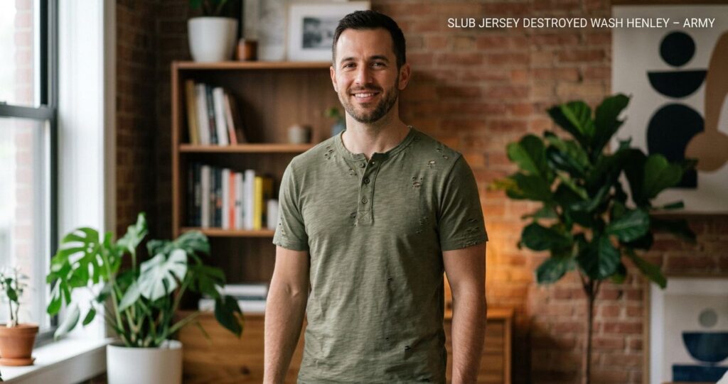 Slub Jersey Destroyed Wash Henley – Army